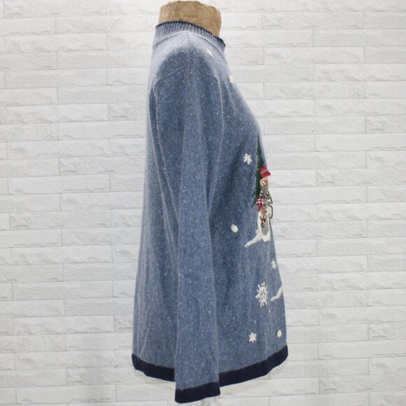 VICTORIA JONES Sweater Angora Blend Snowman Reindeer Embellished Heather Blue L - Picture 4 of 12